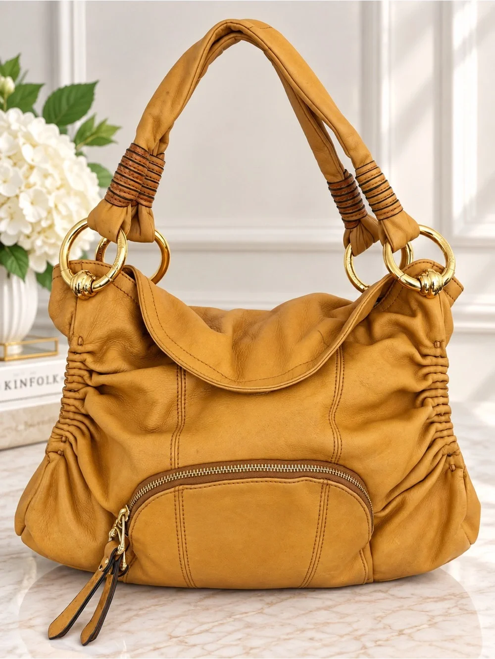 B. Makowsky Yellow Leather Hobo Shoulder Bag Gold Hardware